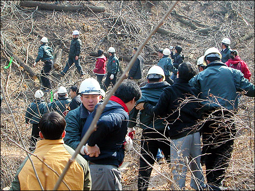 오후 10시 30분경 기습적으로 산에 들어와 벌목한 나무를 나누어 자르다가 주민들과 몸싸움을 벌이고 있는 용역 직원들 